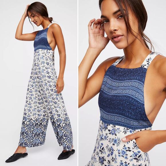 Spell Elle Jumpsuit Indigo Blue Ivory Floral Size Small Wide Leg Flowy Sexy Boho